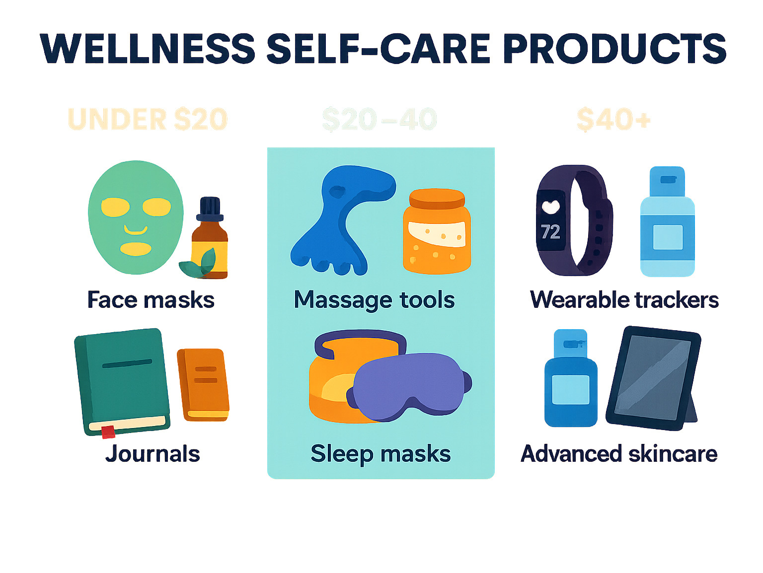 Comparison table showing wellness self-care products across different price points: Under $20 includes face masks, essential oils, and journals; $20-40 features massage tools, bath soaks, and sleep masks; $40+ contains wearable trackers, advanced skincare, and tech devices - wellness self-care products infographic 