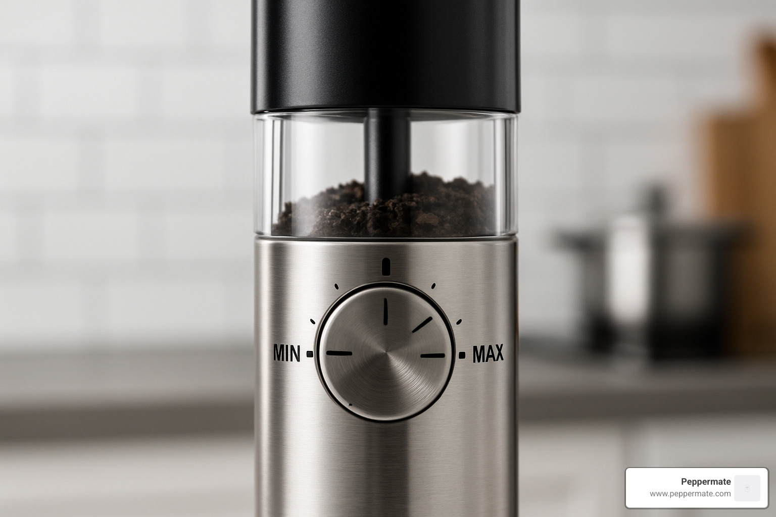 Close-up view of adjustable coarseness dial on an electric grinder - best salt and pepper electric grinders