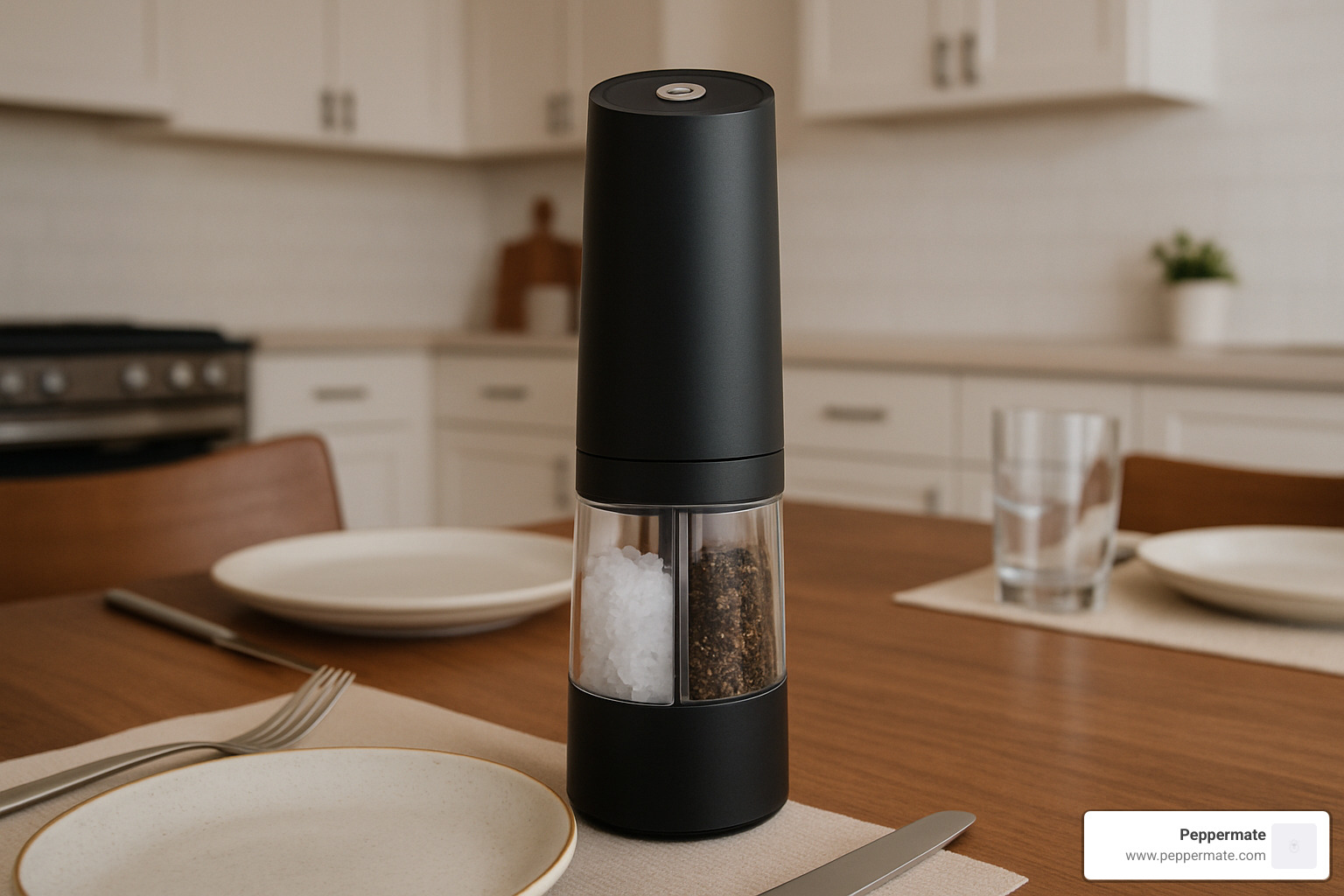 Dual-chamber electric grinder on a dining table setting - best salt and pepper electric grinders