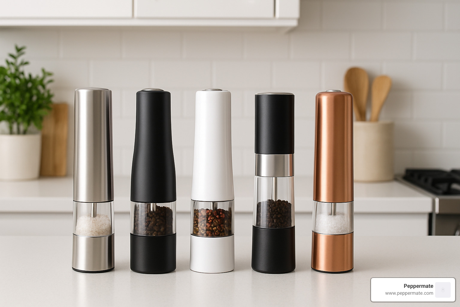 Top five electric salt and pepper grinders arranged on a kitchen counter - best salt and pepper electric grinders