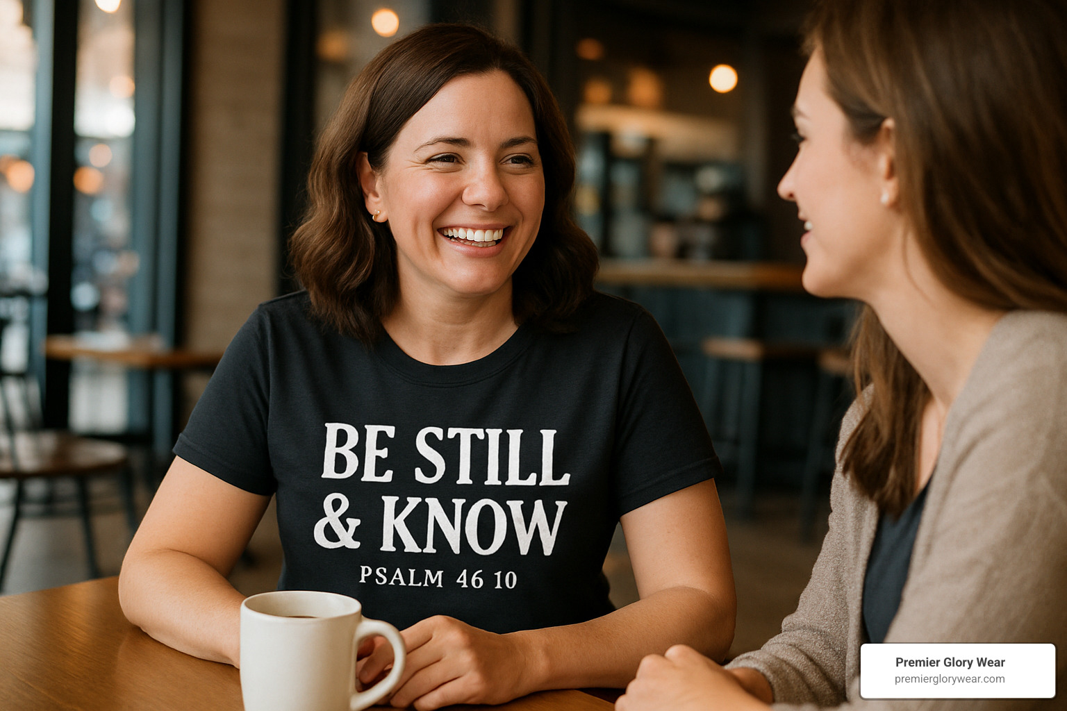 woman wearing christian tee shirt having coffee conversation - women christian tee shirts