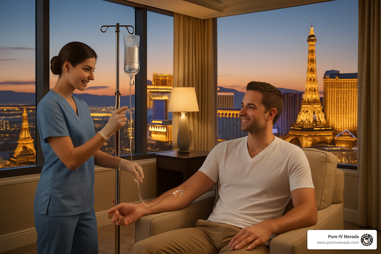 Nurse administering IV therapy in luxury hotel suite with Vegas Strip view - IV hangover cure Vegas