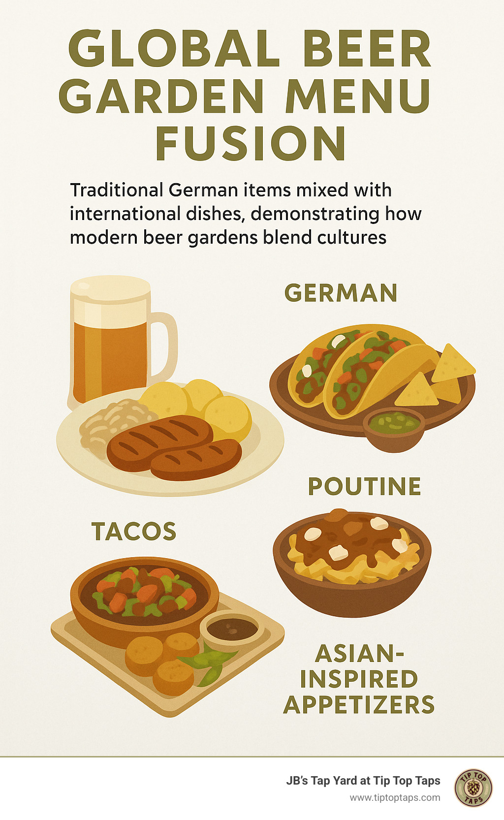 Global beer garden menu fusion showing traditional German items mixed with international dishes like tacos, poutine, and Asian-inspired appetizers, demonstrating how modern beer gardens blend cultures - beer garden menu infographic 