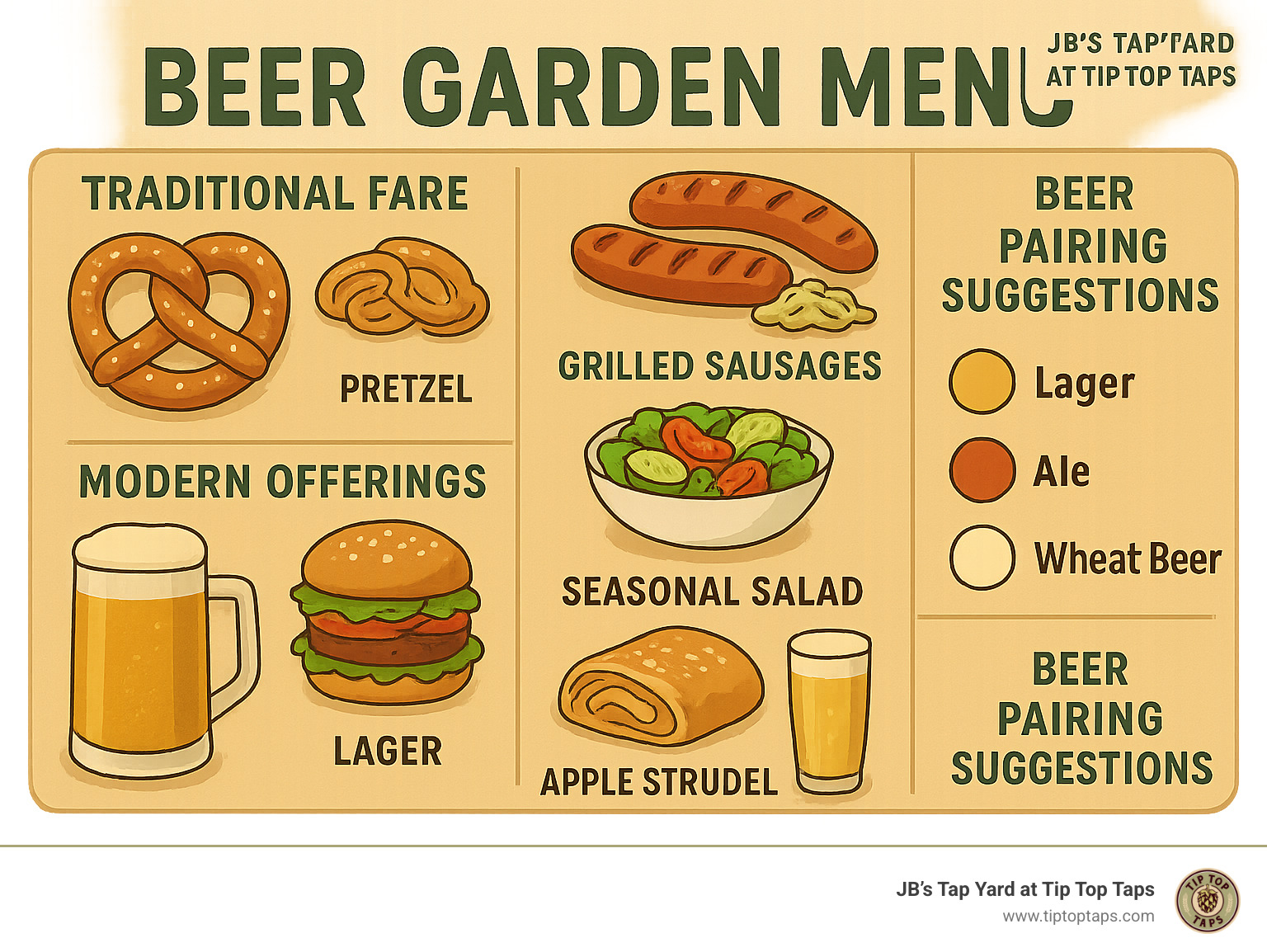 Comprehensive guide showing traditional German beer garden menu items like pretzels and sausages alongside modern additions like vegan burgers and gluten-free options, with beer pairing suggestions for each category - beer garden menu infographic 