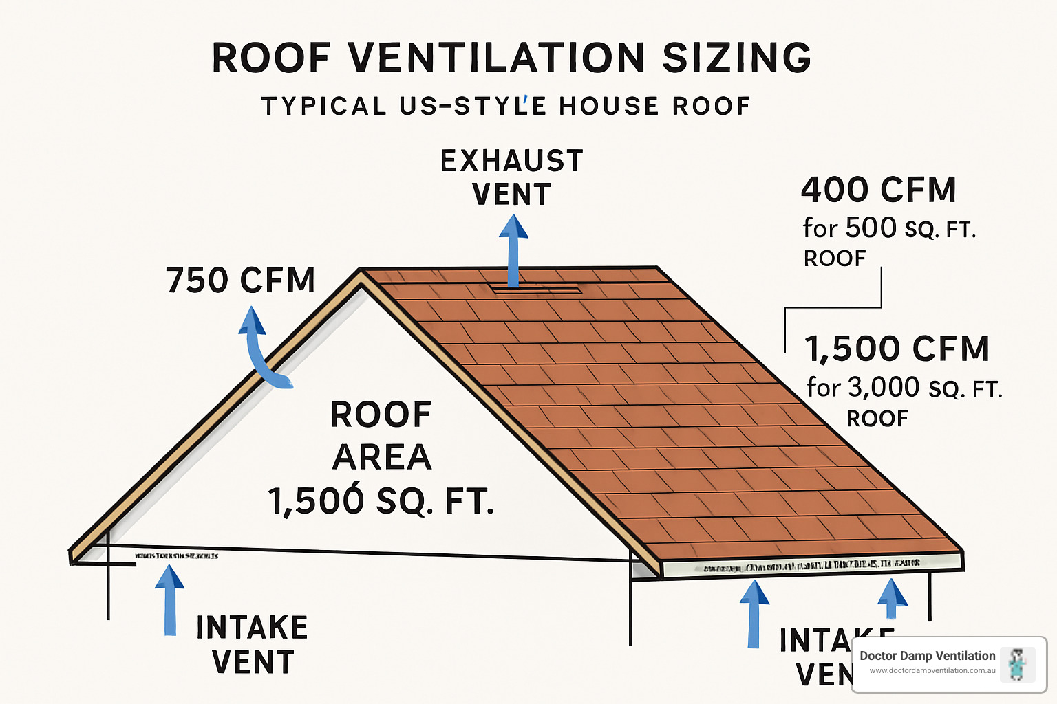 Diagram showing proper roof ventilation sizing with measurements and airflow calculations for different roof areas - roof ventilation sydney