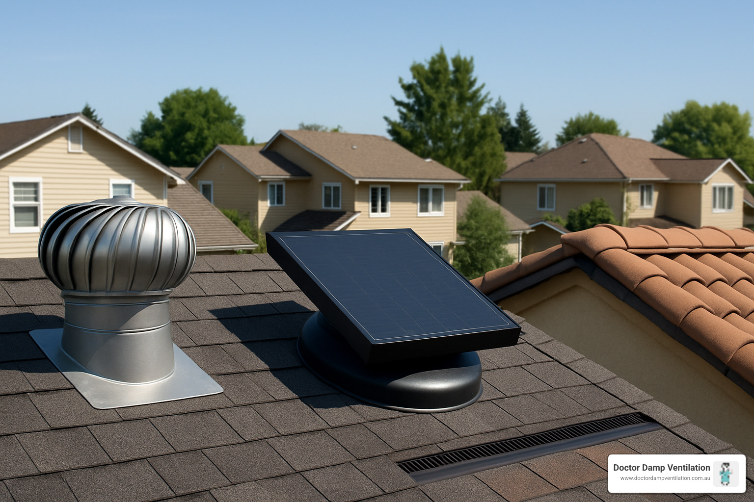Various types of roof ventilation systems including whirlybirds, solar fans, and ridge vents installed on different roof types - roof ventilation sydney