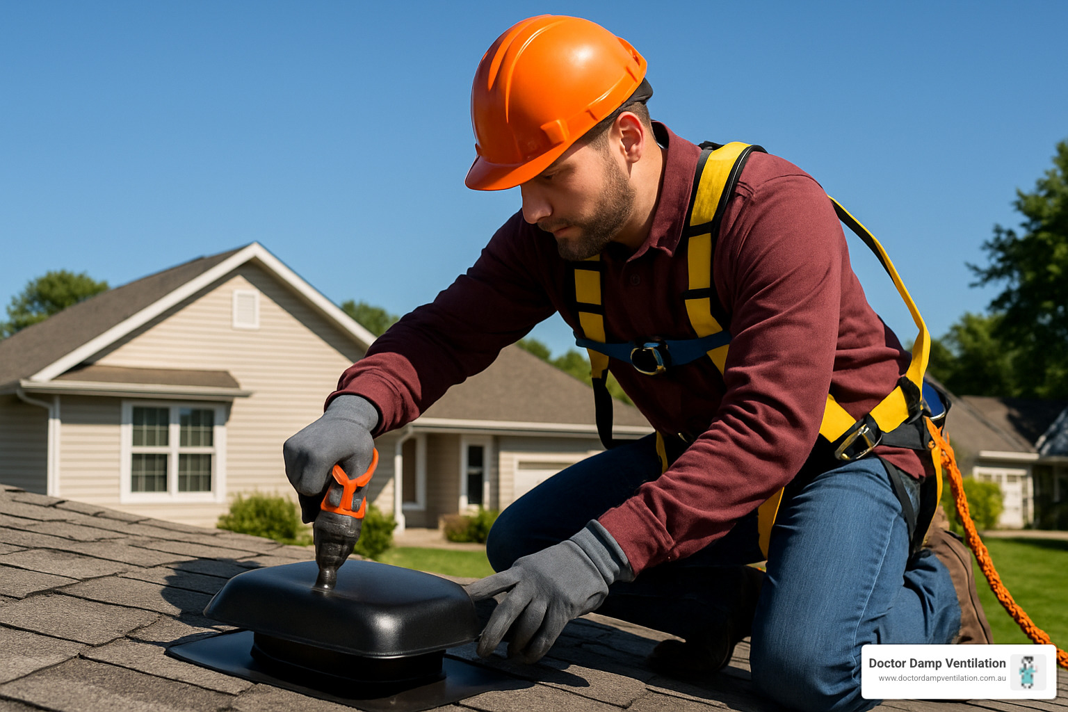 Professional installer working on roof ventilation system with safety equipment and proper tools - roof ventilation sydney