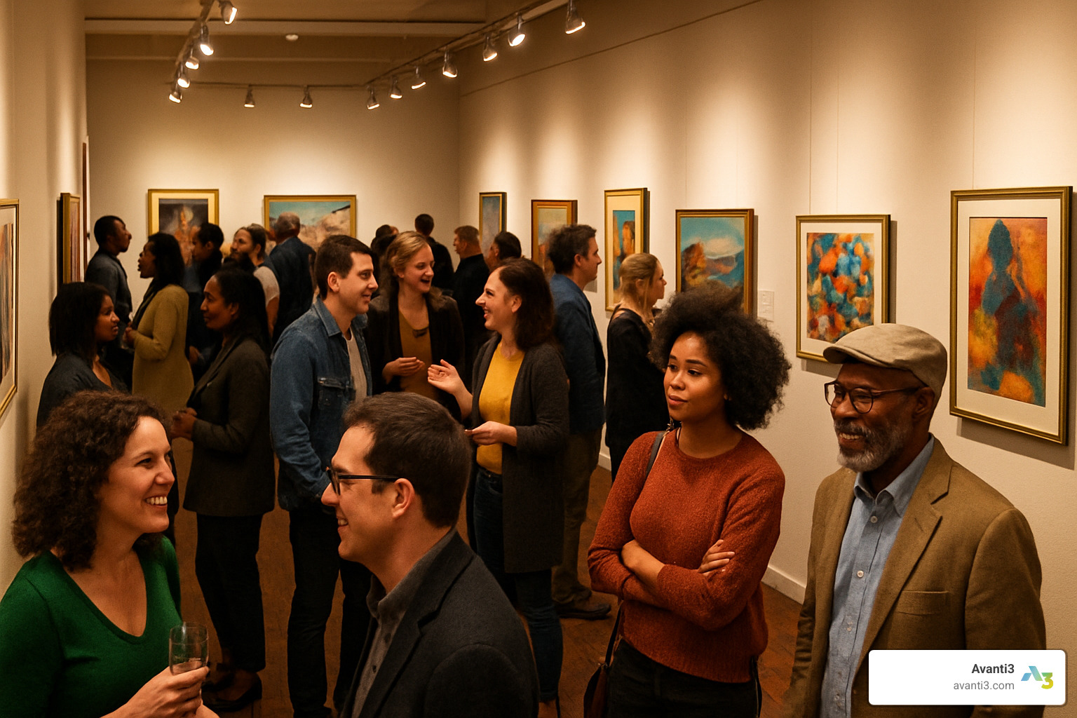 opening night crowd engaging with exhibited artwork - art for exhibition