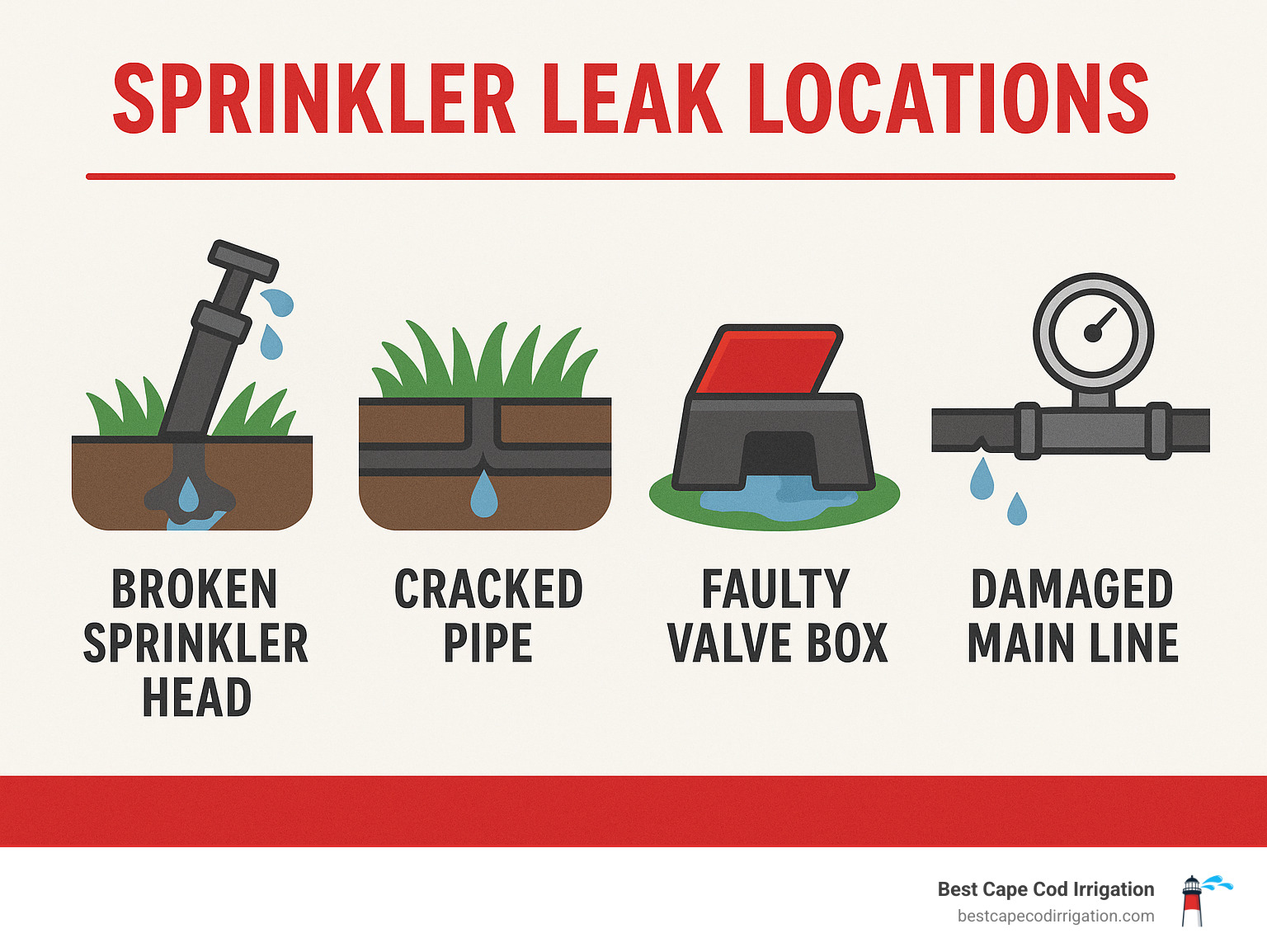 Infographic showing common sprinkler leak locations including broken sprinkler heads dripping water, cracked underground pipes with water seeping up, faulty valve boxes with puddles, and damaged main lines near water meters with flow indicators - sprinkler leak repair near me infographic