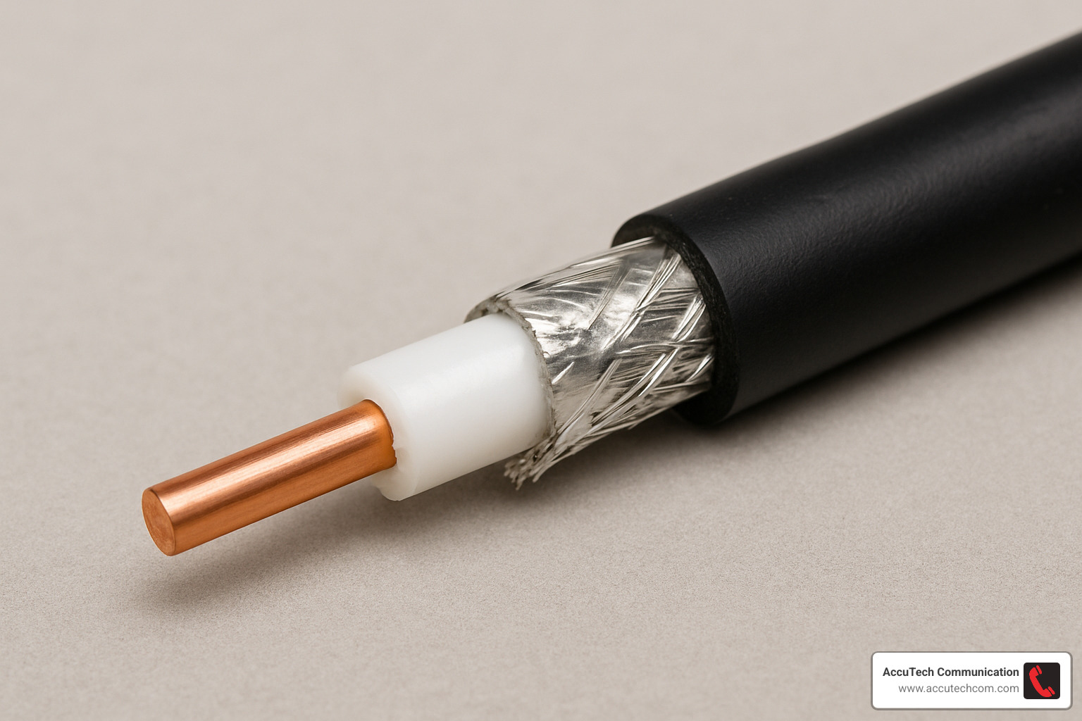 Close-up image of RG-6 coaxial cable connector showing the center conductor, dielectric insulation, metallic shielding, and outer jacket - types of cables in computer network