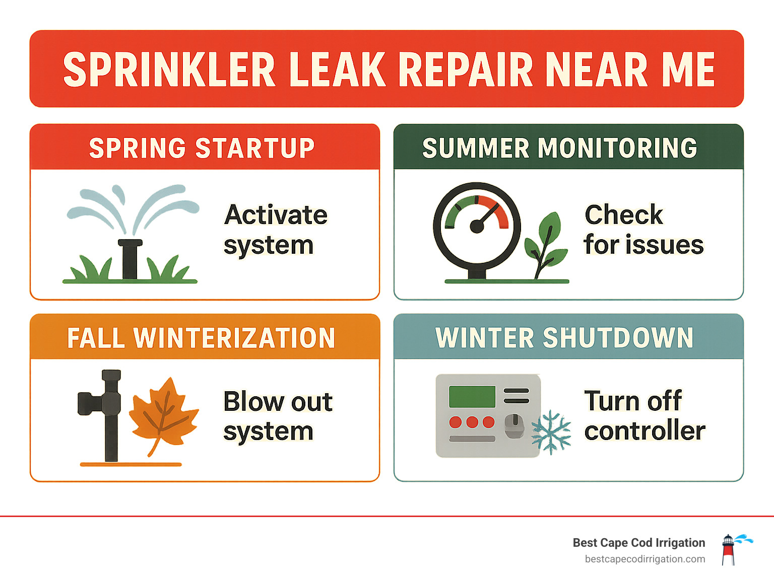 Infographic showing seasonal maintenance schedule with spring startup, summer monitoring, fall winterization, and winter shutdown phases - sprinkler leak repair near me infographic