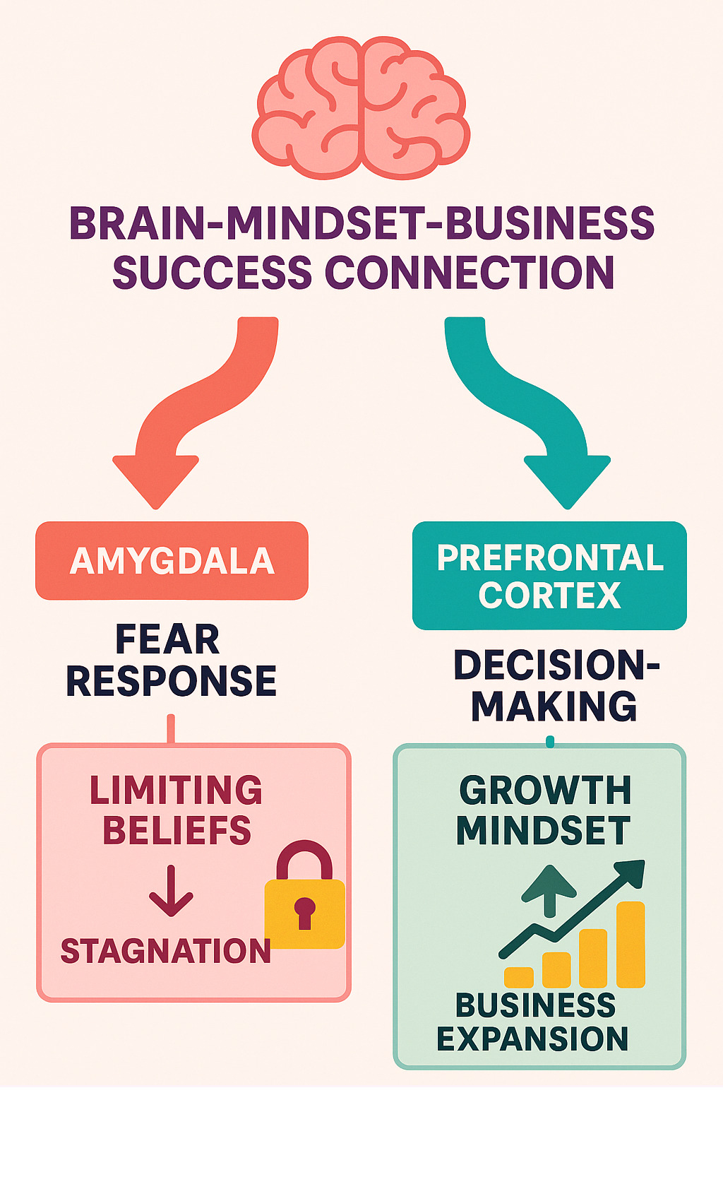 Infographic showing the brain-mindset-business success connection, with the amygdala fear response versus prefrontal cortex decision-making, leading to either limiting beliefs and stagnation or growth mindset and business expansion - mindset coaching for entrepreneurs infographic 