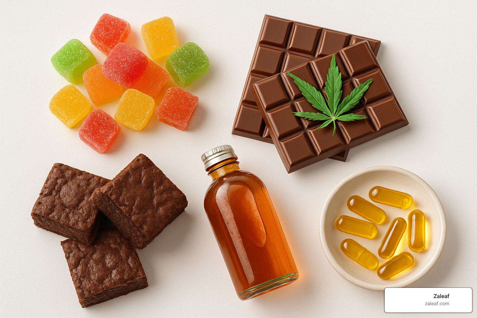 Mixed variety of cannabis edibles including colorful gummies, chocolate bars, baked brownies, infused beverages, and capsules arranged on a clean white background - cannabis edibles online