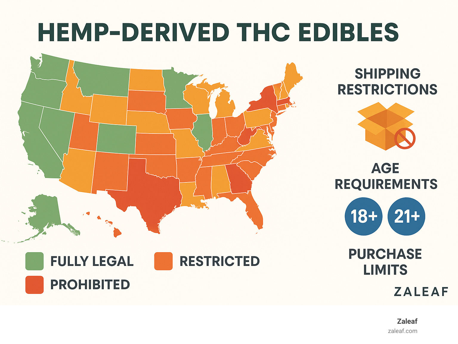 Comprehensive infographic showing state-by-state legal status of hemp-derived THC edibles, shipping restrictions, age requirements (18+ vs 21+), and purchase limits where applicable, with clear visual indicators for fully legal, restricted, and prohibited states - cannabis edibles online infographic 