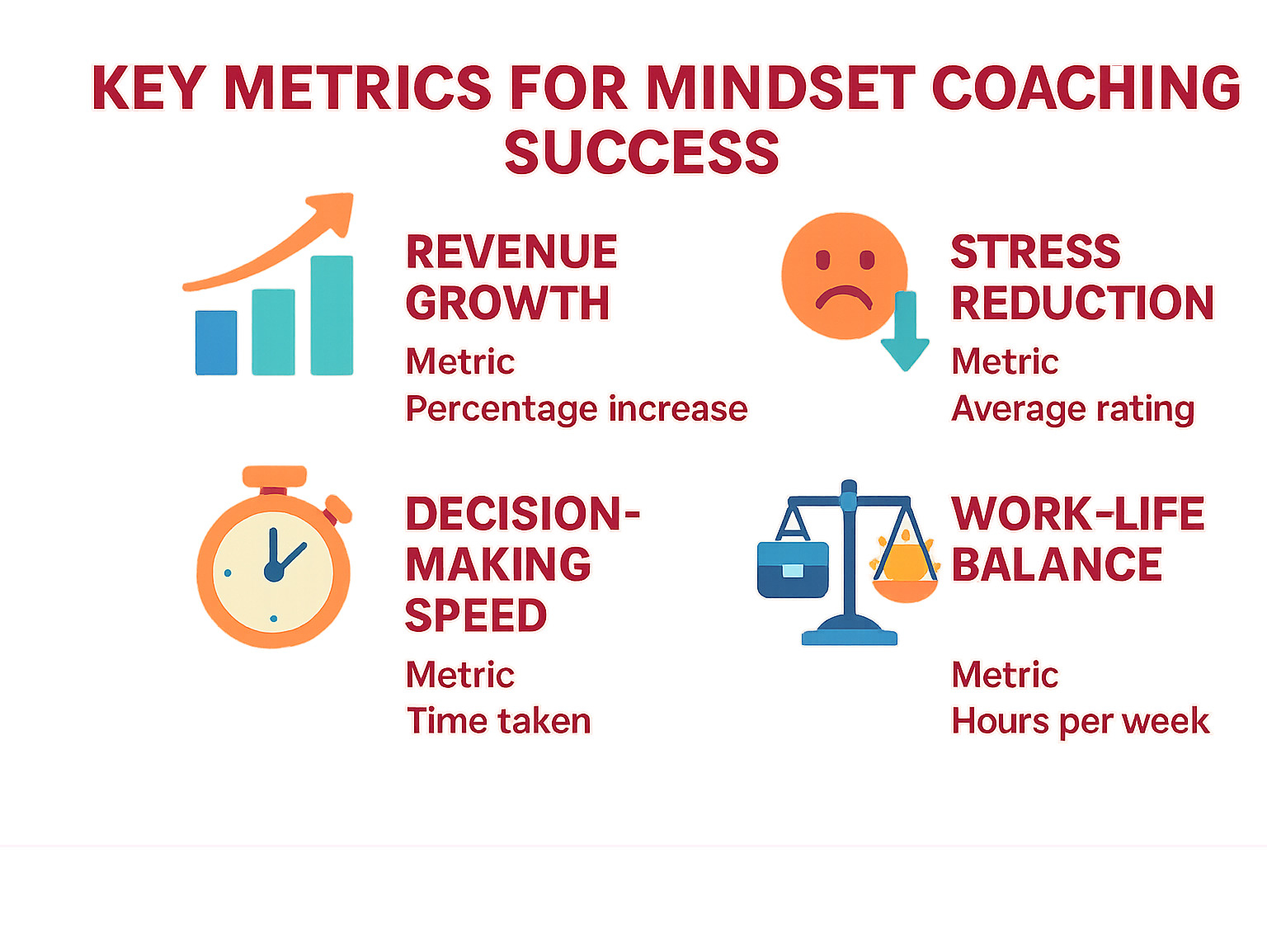 Infographic showing key performance indicators for mindset coaching success, including revenue growth, stress reduction, decision-making speed, and work-life balance metrics - mindset coaching for entrepreneurs infographic 