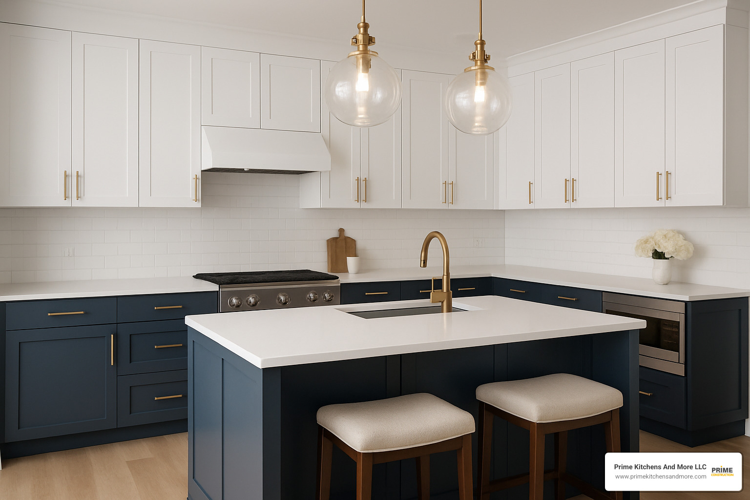 Modern kitchen showing mixed shaker and slab cabinet doors in white and navy two-tone design with brass hardware - cabinet design kitchen