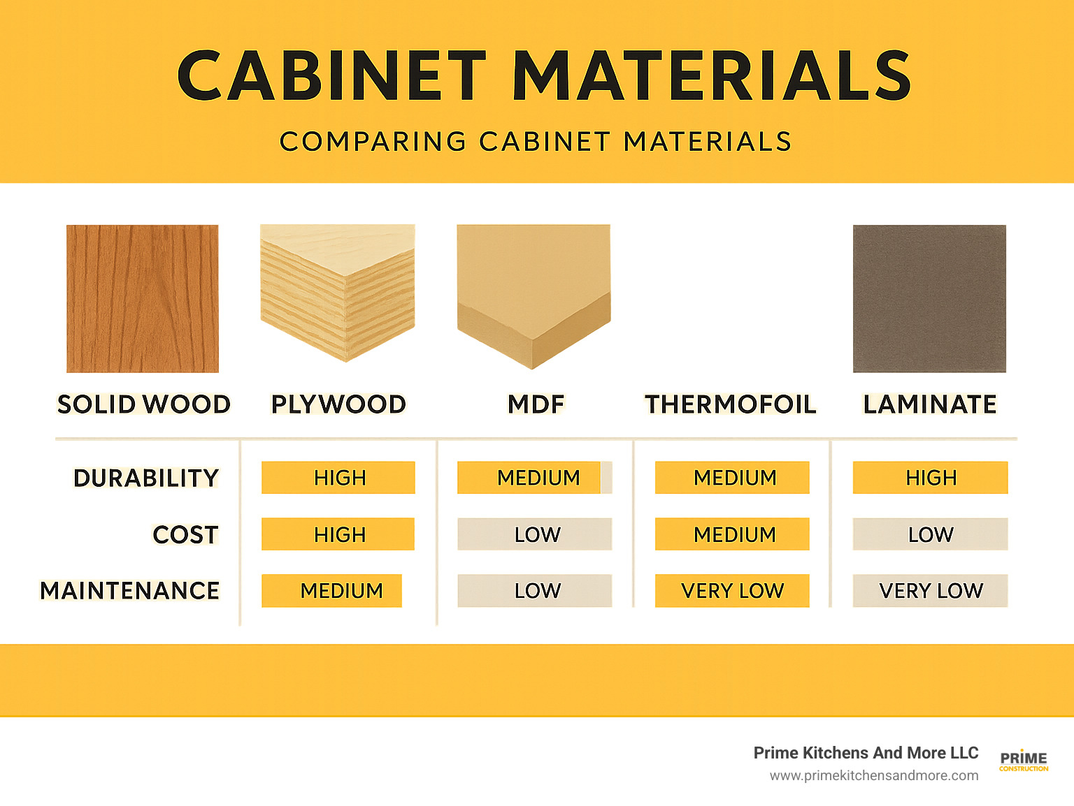Infographic comparing cabinet materials showing solid wood (high durability, high cost, medium maintenance), plywood (high durability, medium cost, low maintenance), MDF (medium durability, low cost, low maintenance), thermofoil (medium durability, low cost, very low maintenance), and laminate (high durability, low cost, very low maintenance) - cabinet design kitchen infographic 