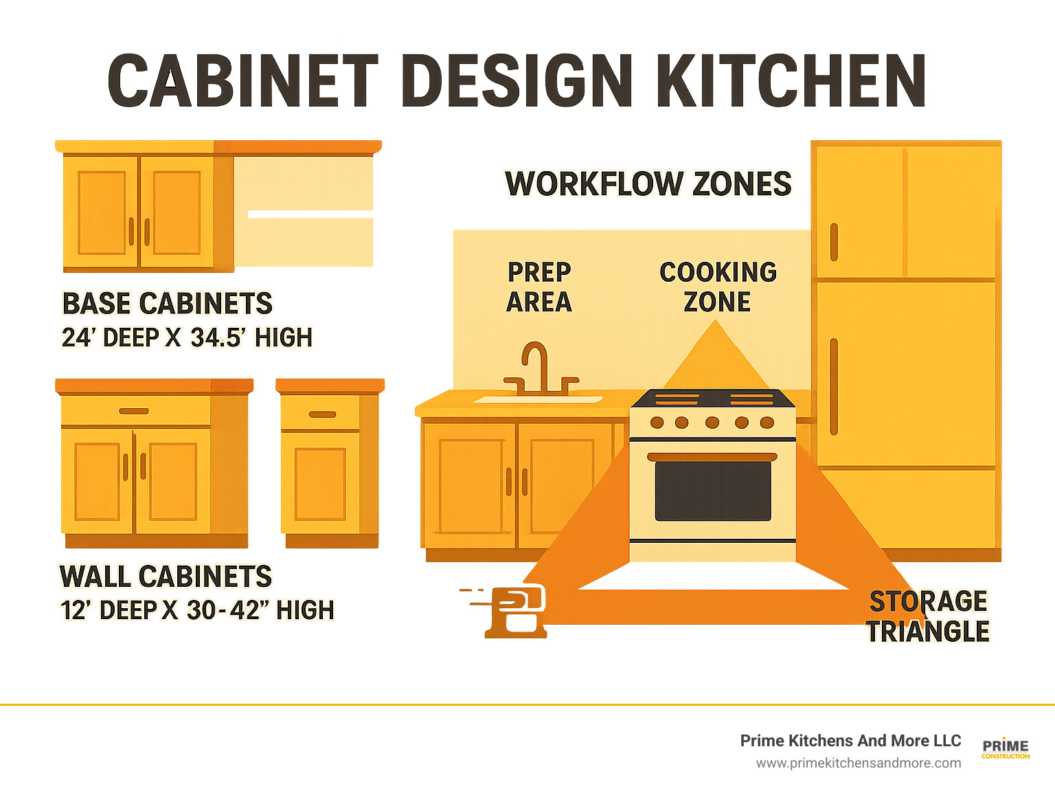 Infographic showing kitchen cabinet anatomy with base cabinets (24" deep, 34.5" high), wall cabinets (12" deep, 30-42" high), pantry cabinets (24" deep, 84-96" high), and workflow zones including prep area near sink, cooking zone by stove, and storage triangle connecting refrigerator, sink, and range - cabinet design kitchen infographic 