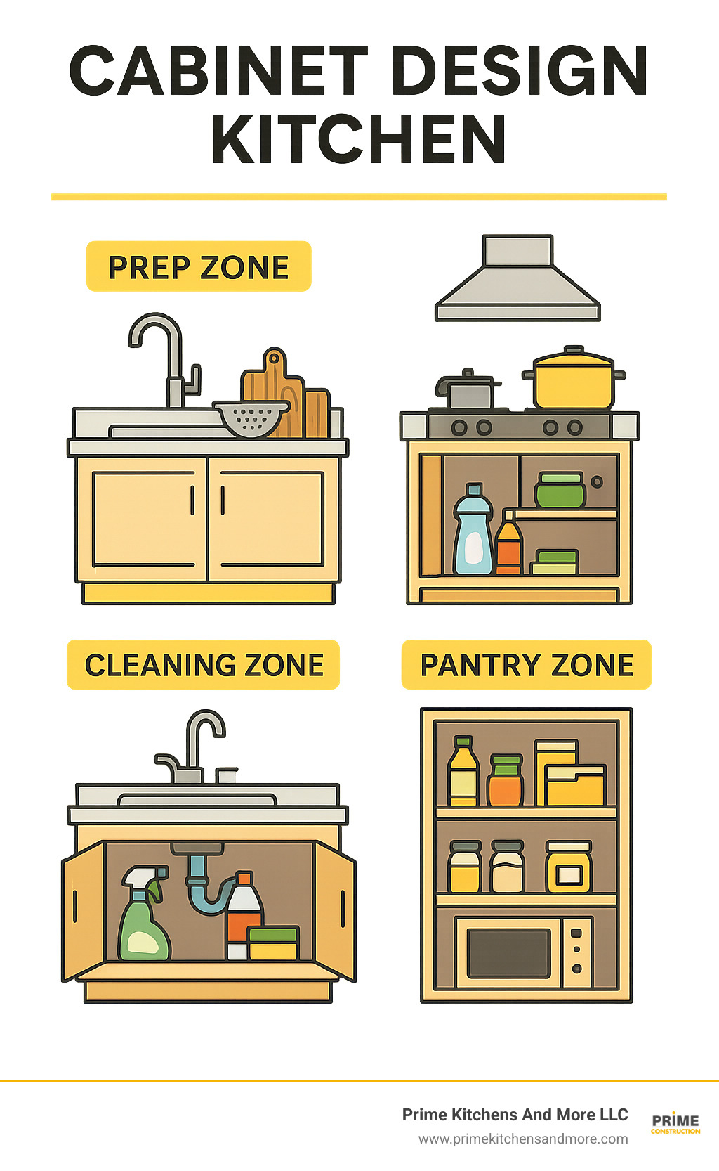 Infographic mapping kitchen storage zones showing prep zone near sink with cutting boards and colanders, cooking zone by stove with pots and spices, cleaning zone under sink with supplies, and pantry zone with dry goods and small appliances - cabinet design kitchen infographic 