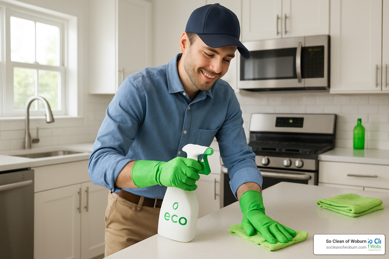 professional cleaner using eco-friendly products in a bright, modern kitchen - green house cleaning services