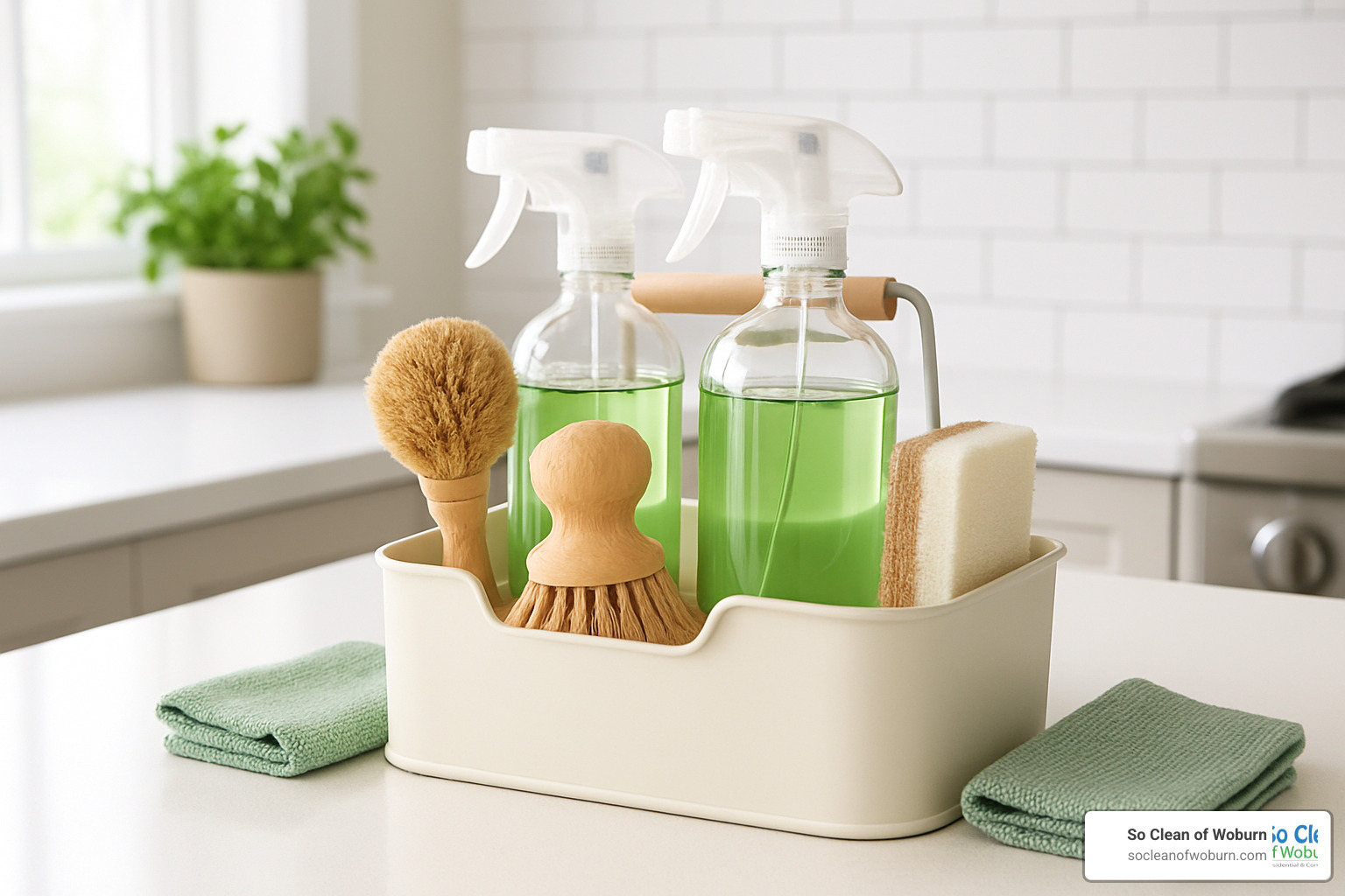 eco-friendly cleaning supplies arranged in a bright, organized cleaning caddy - green house cleaning services