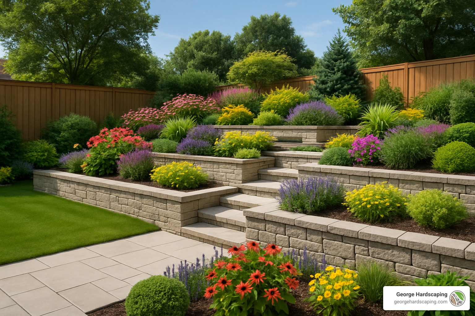 Beautifully integrated tiered garden beds with retaining walls creating multiple planting levels and visual interest - patio retaining wall installation