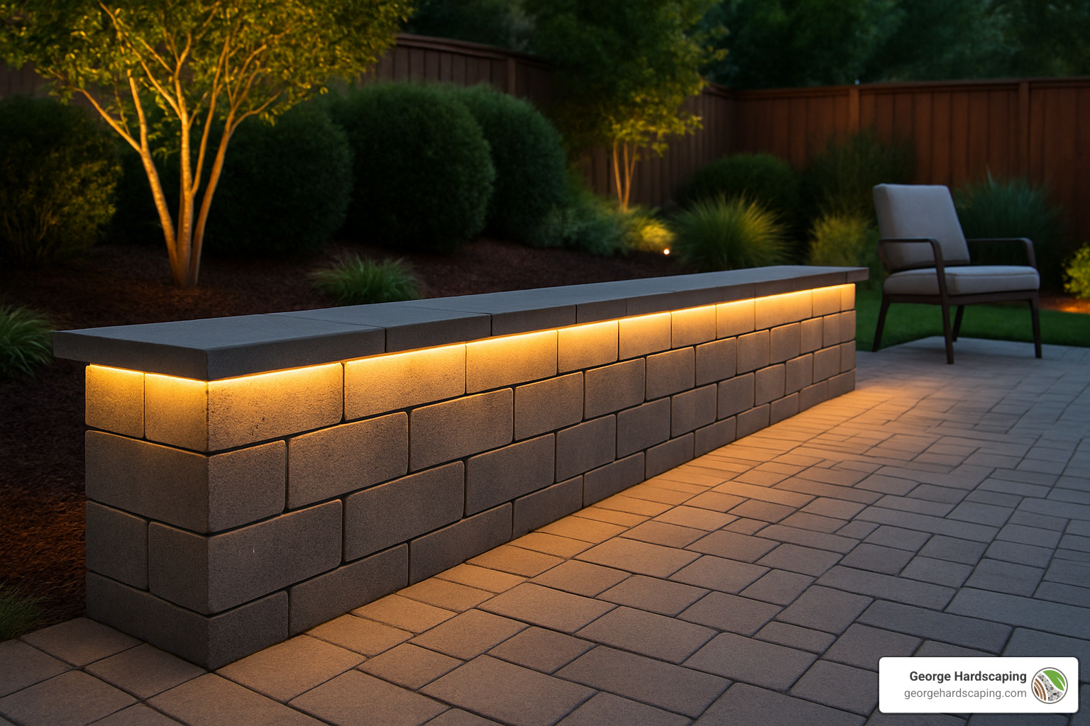 Modern patio retaining wall with integrated LED strip lighting under capstones creating ambient evening illumination - patio retaining wall installation