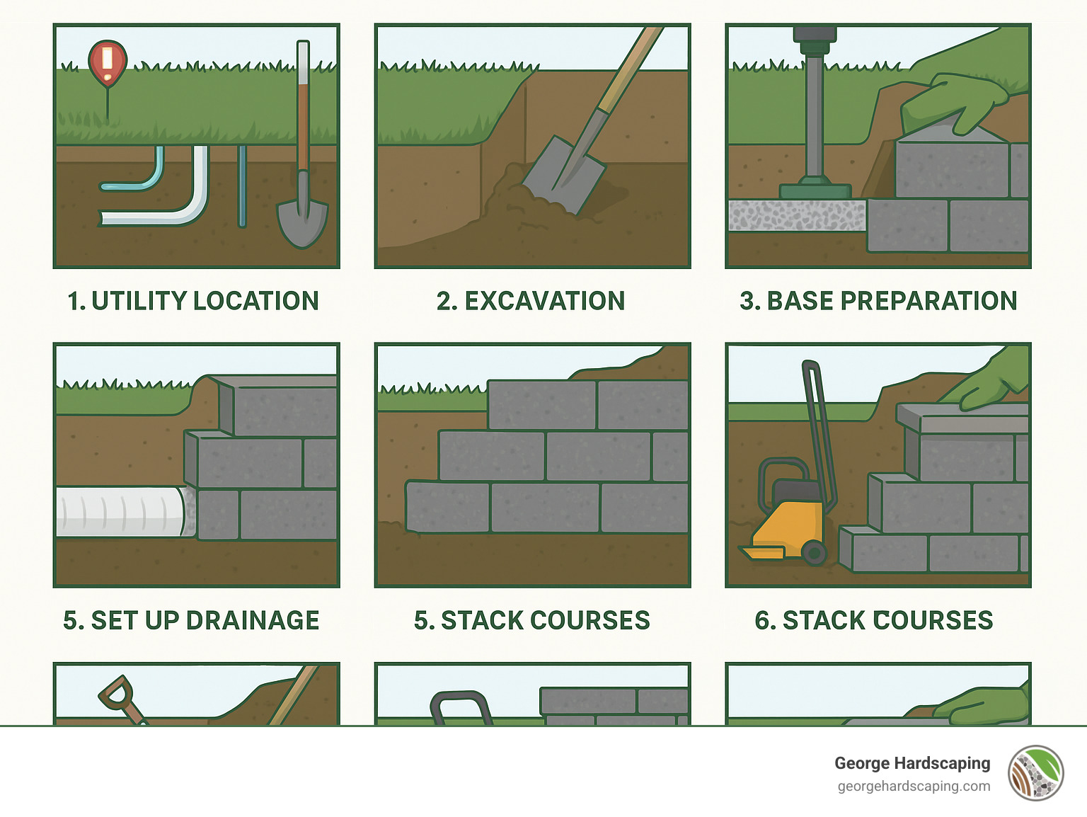 Comprehensive infographic showing the 9 essential steps of patio retaining wall installation: utility location, excavation, base preparation, first course installation, drainage setup, course stacking, backfilling, compaction, and capstone finishing - patio retaining wall installation infographic 