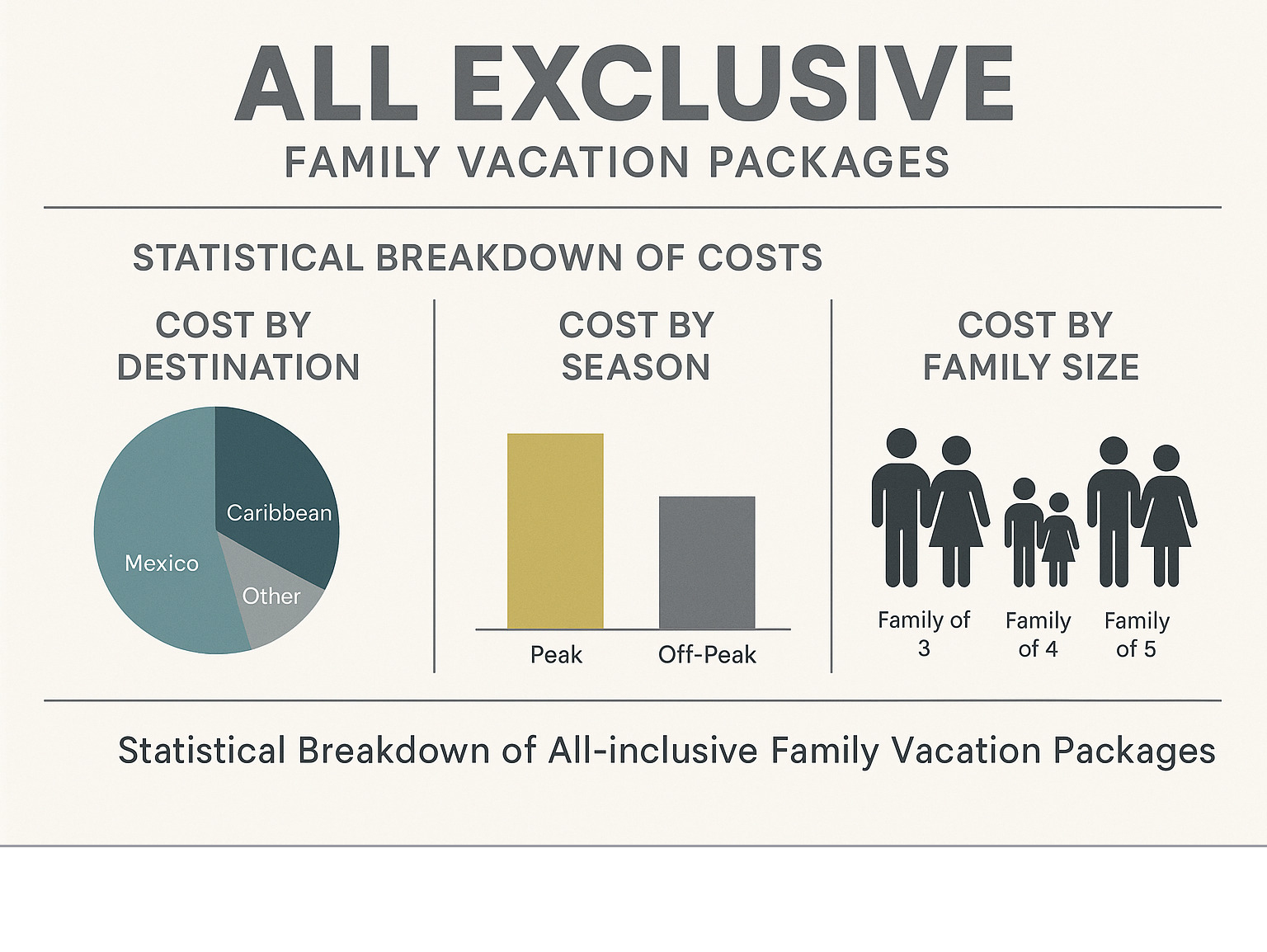 statistical breakdown of all-inclusive family vacation costs by destination, season, and family size - all exclusive family vacation packages infographic 