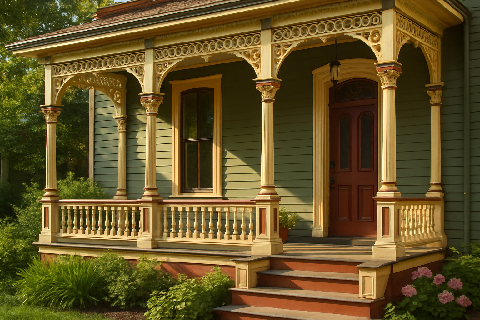Grant-funded historic porch restoration showing detailed Victorian woodwork and period-appropriate materials - historic home restoration grants