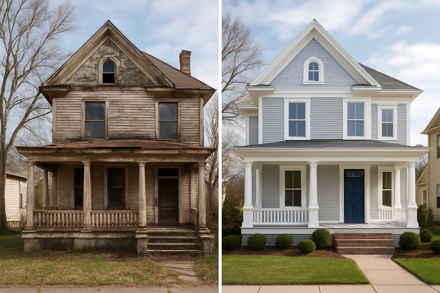 Before and after comparison of historic home rehabilitation showing dramatic improvement in architectural details and overall condition - historic home restoration grants