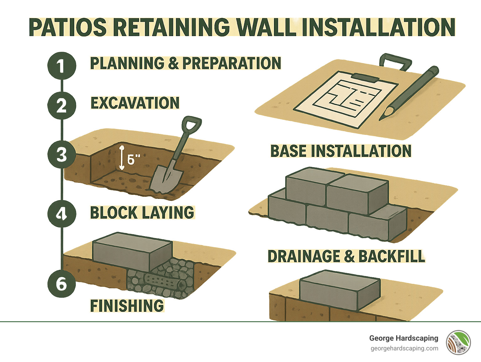 Detailed infographic showing patio retaining wall installation timeline from initial planning and site preparation through excavation, base installation, block laying, drainage setup, backfilling, and final finishing touches with capstones - patio retaining wall installation infographic 