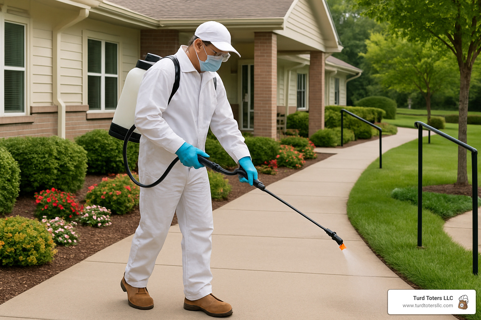 Technician carefully sanitizing walkway at senior living facility - commercial pet waste removal