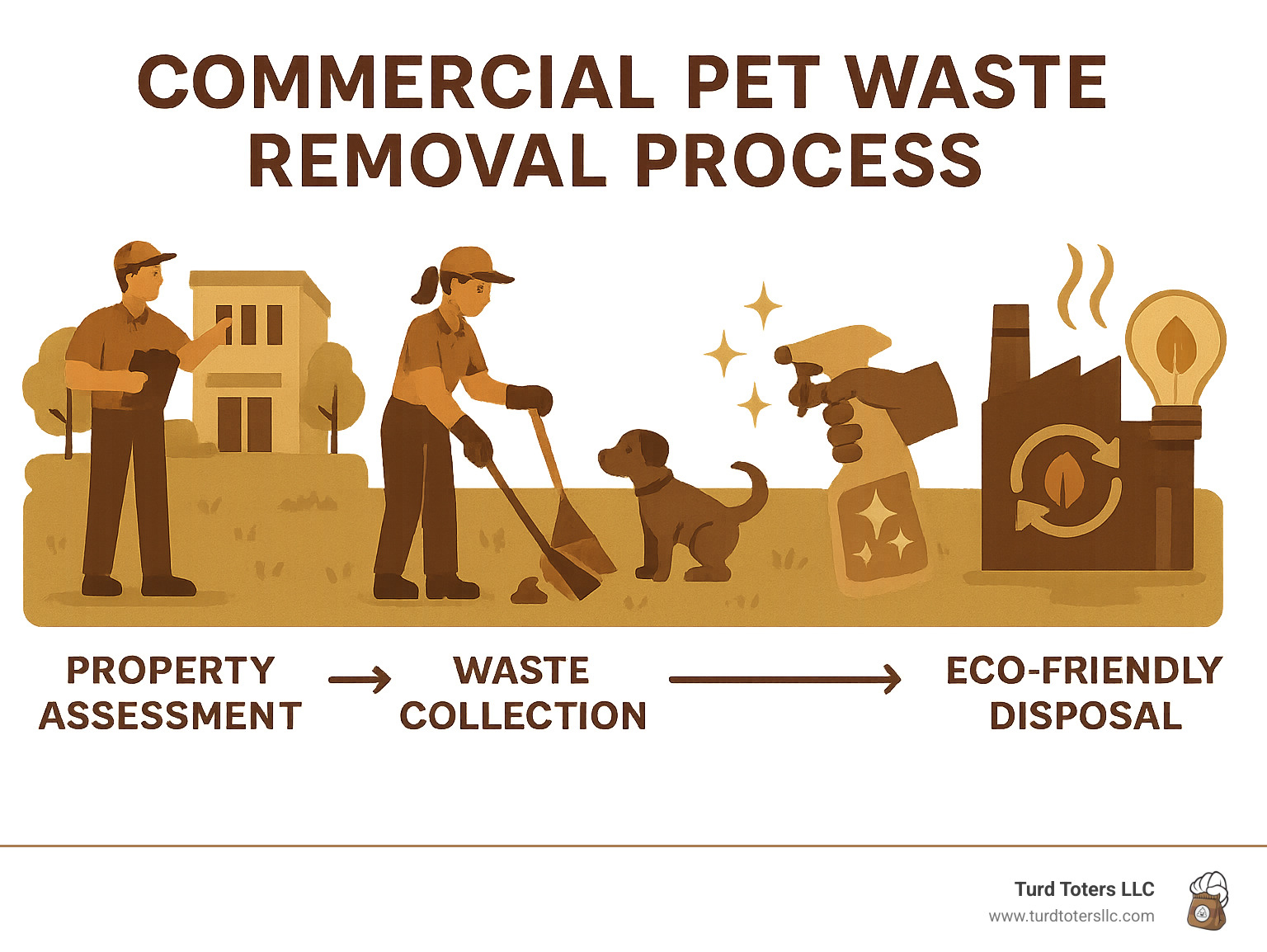 Infographic showing the complete commercial pet waste removal process from initial property assessment through waste collection, sanitization, eco-friendly disposal, and conversion to renewable energy - commercial pet waste removal infographic 