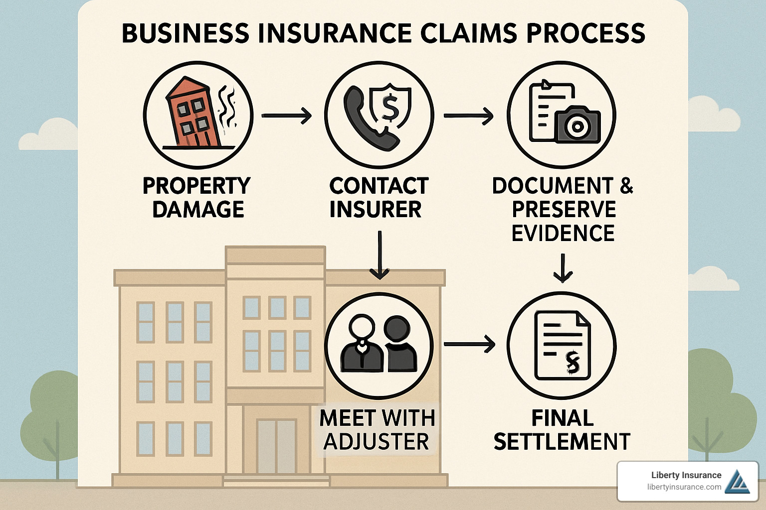 Claims process flowchart showing steps from damage occurrence through final settlement - business building insurance