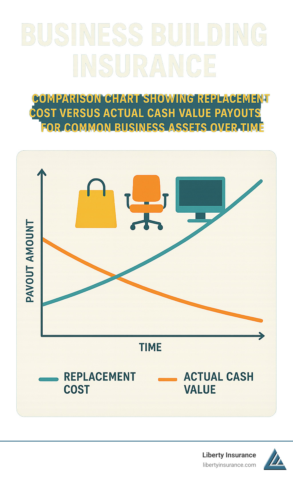 Comparison chart showing replacement cost versus actual cash value payouts for common business assets over time - business building insurance infographic 