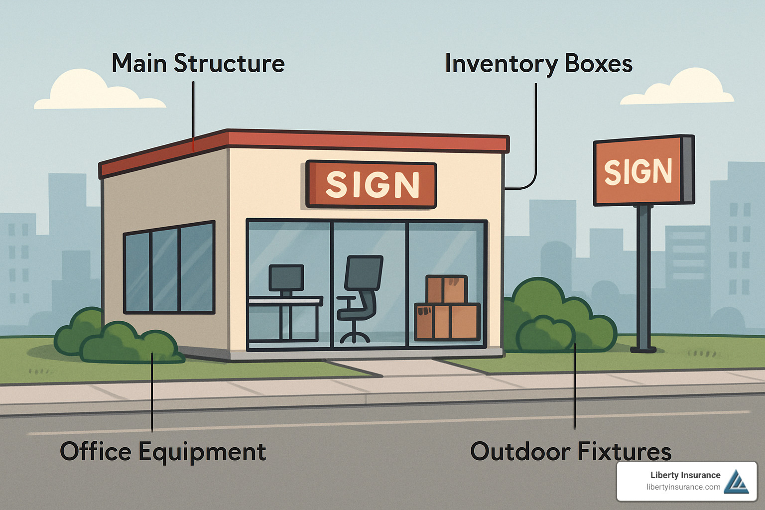 Business property coverage illustration showing building, equipment, inventory, and outdoor fixtures - business building insurance