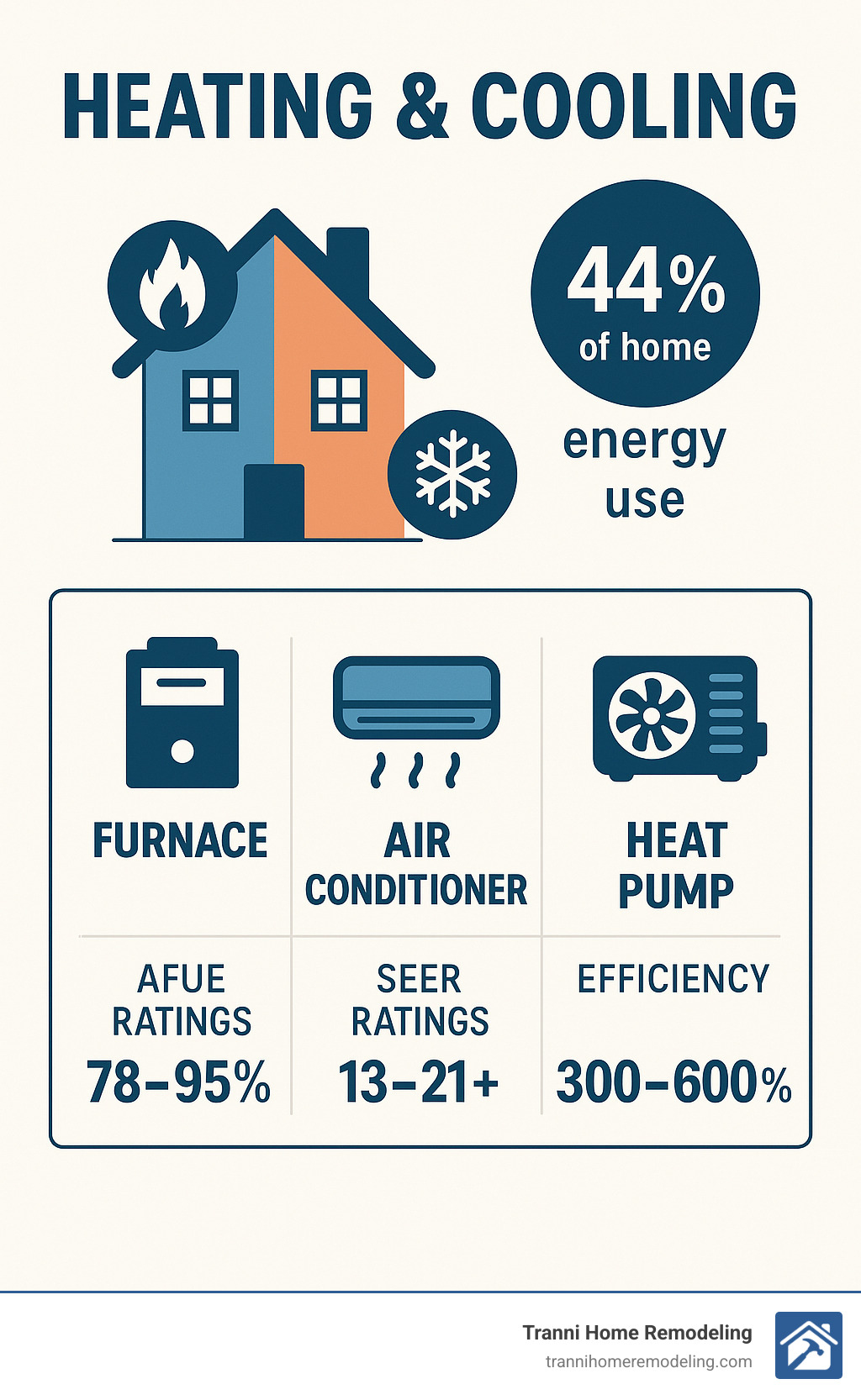 Stay Cozy: Top Heating and Cooling Products Reviewed 1 Infographic showing heating and cooling systems account for 44% of home energy use, with breakdown of furnace AFUE ratings 78-95%, air conditioner SEER ratings 13-21+, and heat pump efficiency delivering 300-600% performance compared to electric resistance heating - heating and cooling infographic