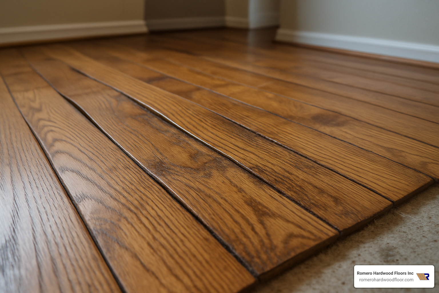 cupped hardwood boards showing moisture damage - how to install hardwood flooring on concrete slab