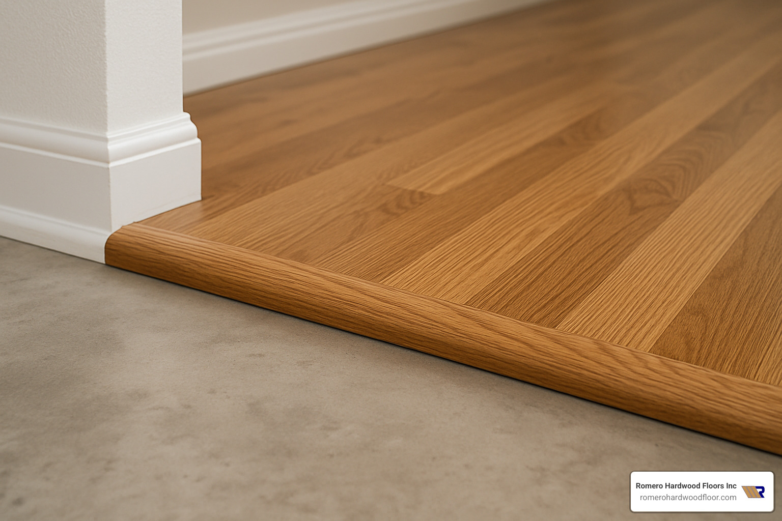 finished hardwood floor with height transition detail - how to install hardwood flooring on concrete slab