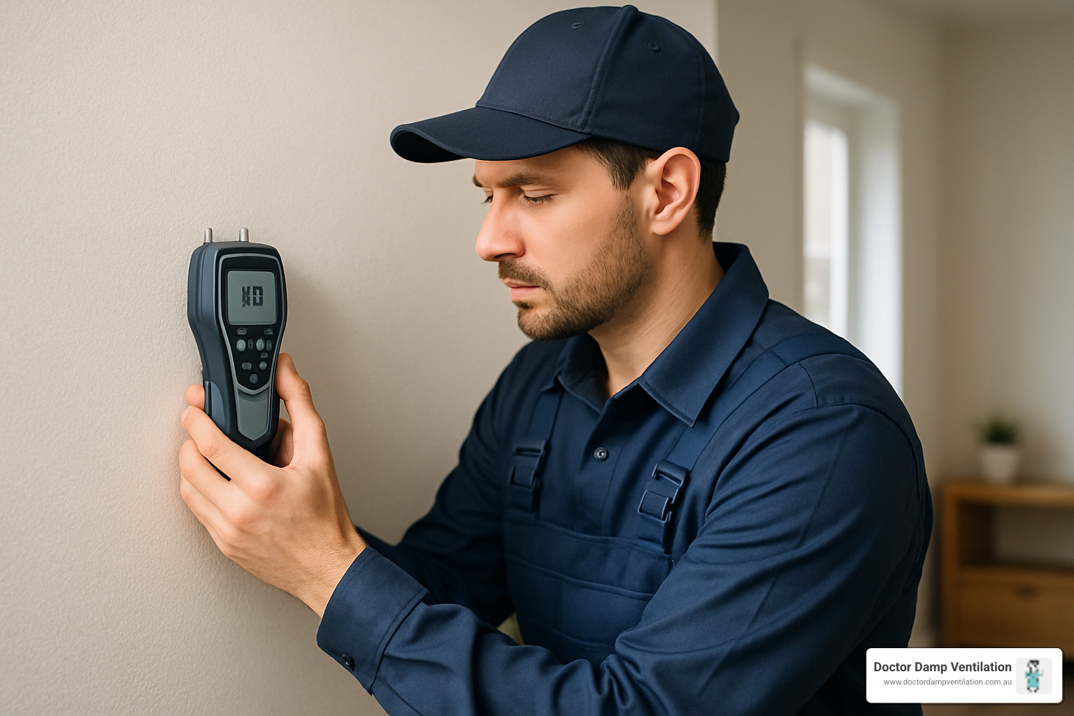 Professional technician using moisture meter to detect hidden water damage in Sydney home walls - mould experts sydney