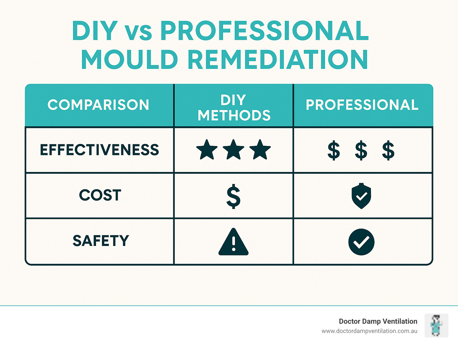 Comparison table showing DIY methods versus professional mould remediation effectiveness, cost, and safety ratings - mould experts sydney infographic 