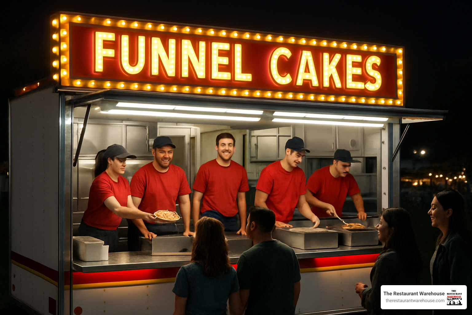 Team of workers efficiently serving funnel cakes from a brightly lit carnival concession trailer with LED marquee signs and fold-out serving counter, showing the professional operation and customer appeal of a well-run carnival food business - carnival concession trailers for sale