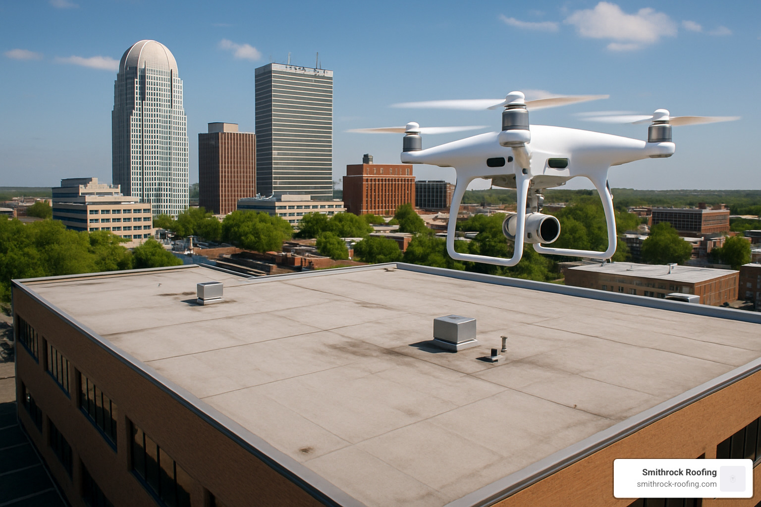 Drone conducting commercial roof inspection over Winston Salem business district - roofing contractors in Winston Salem