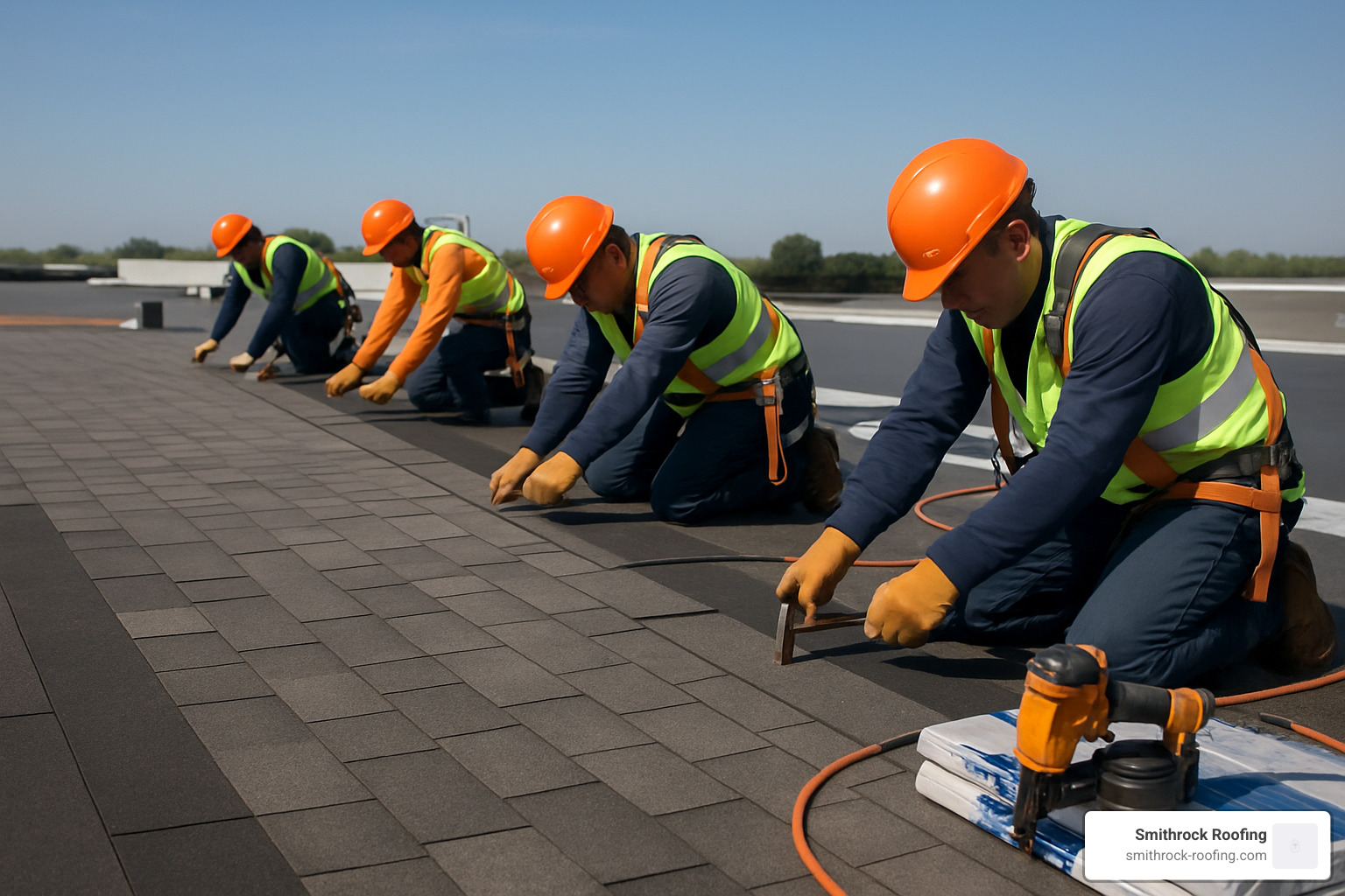 Commercial roofing crew hand-nailing shingles with proper safety equipment and techniques - roofing contractors in Winston Salem