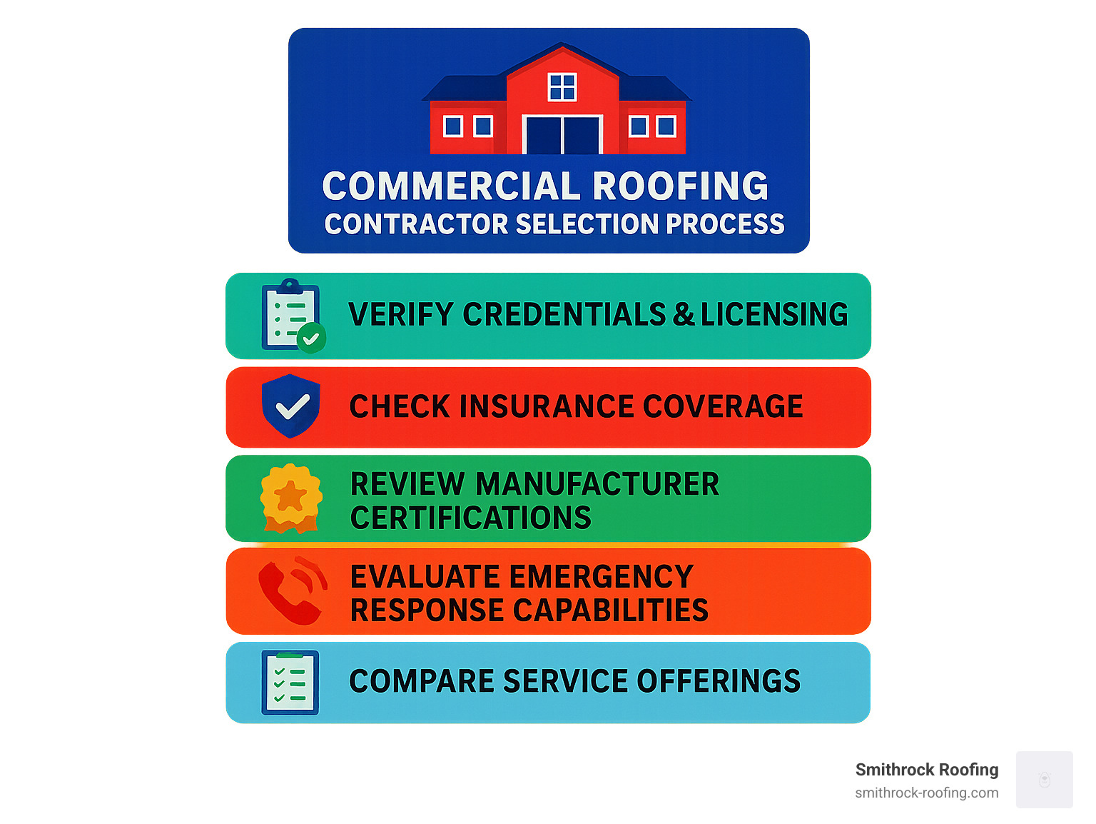 Infographic showing the commercial roofing contractor selection process with steps: verify credentials and licensing, check insurance coverage, review manufacturer certifications, evaluate emergency response capabilities, compare service offerings, and assess warranty terms - roofing contractors in Winston Salem infographic 