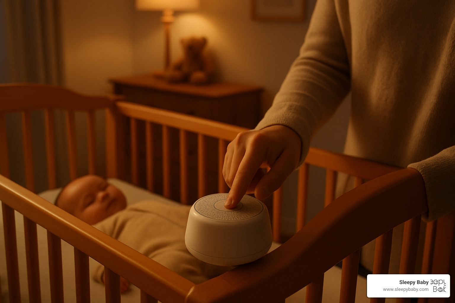 Parent gently activating a portable sound machine next to baby's crib during evening routine - soothing sounds for babies