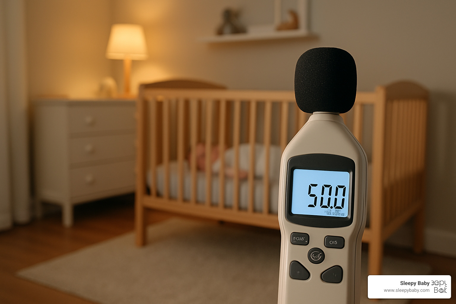Sound level meter positioned seven feet from baby's crib showing safe 50 decibel reading - soothing sounds for babies