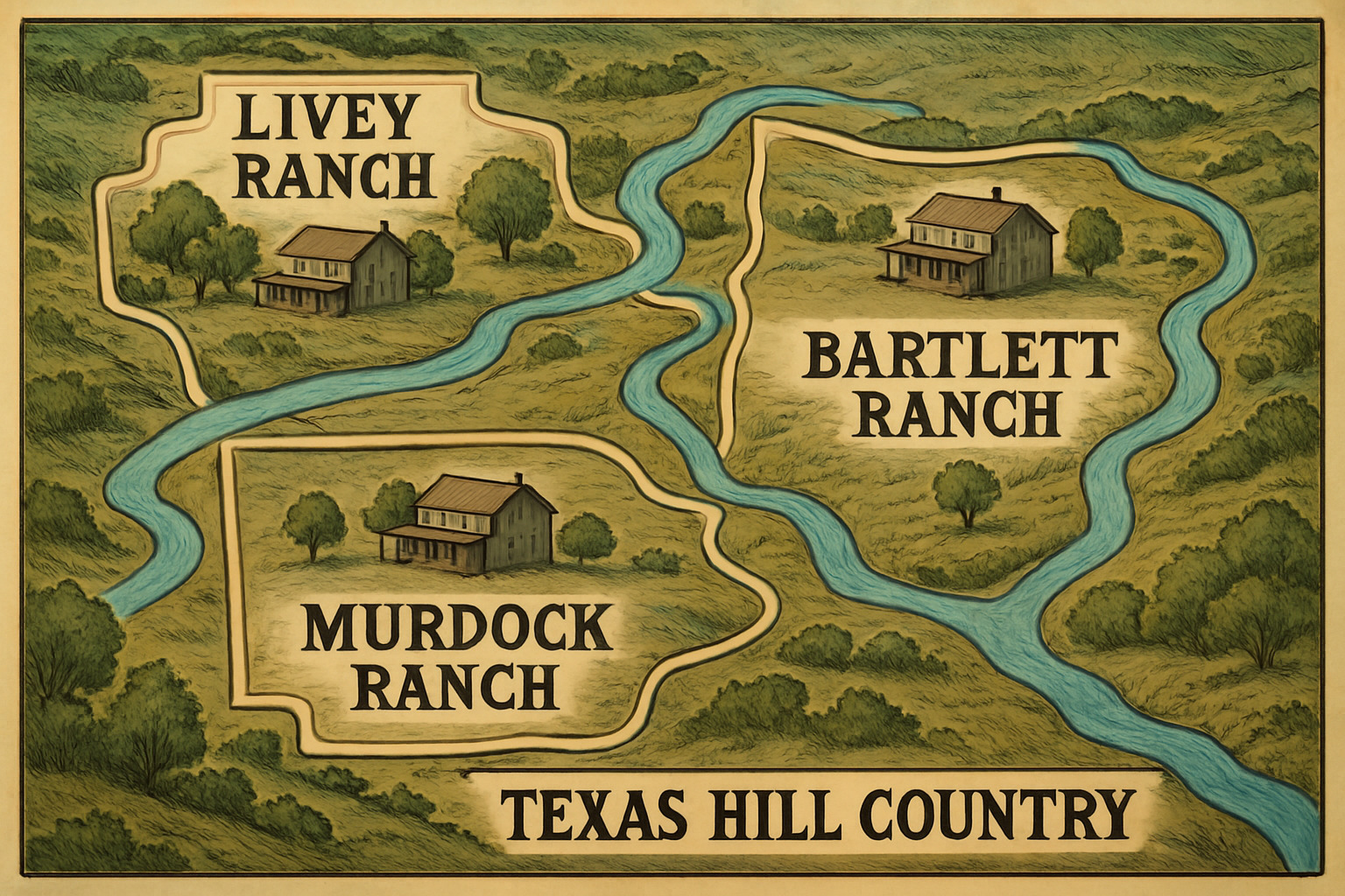 detailed ranch map showing the three main family properties and their boundaries in Texas Hill Country - cast of ransom canyon detailed ranch map showing the three main family properties and their boundaries in Texas Hill Country - cast of ransom canyon