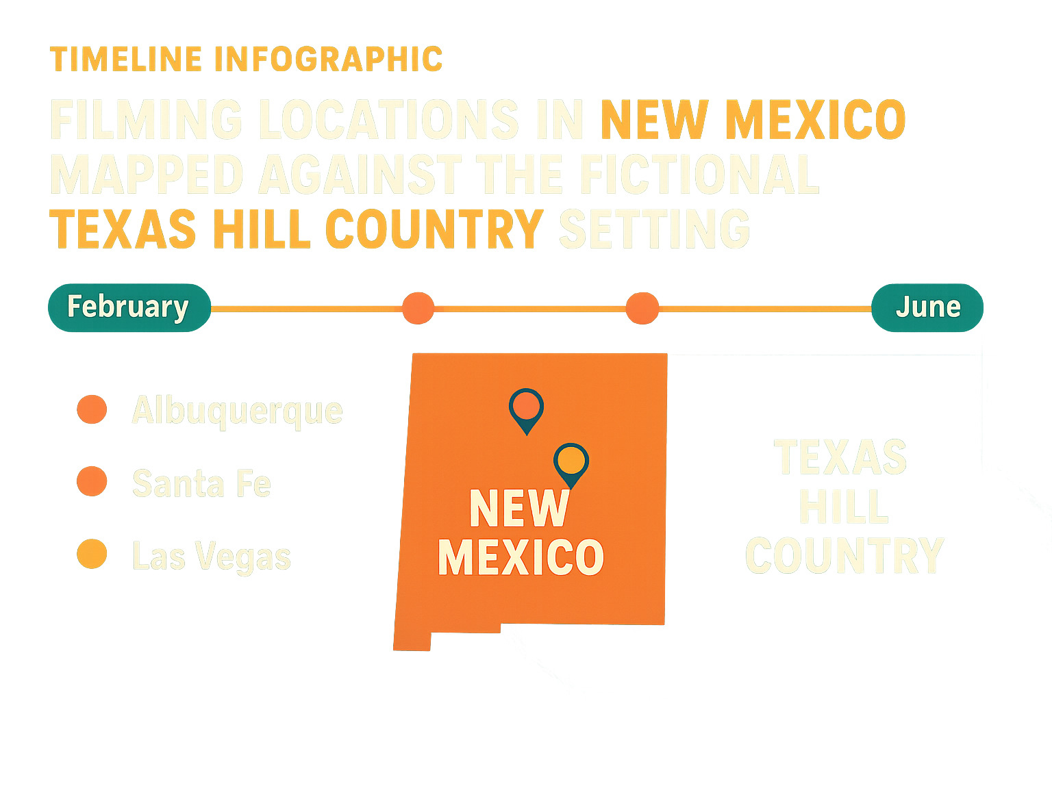 Timeline infographic showing filming locations in New Mexico mapped against the fictional Texas Hill Country setting - cast of ransom canyon infographic Timeline infographic showing filming locations in New Mexico mapped against the fictional Texas Hill Country setting - cast of ransom canyon infographic
